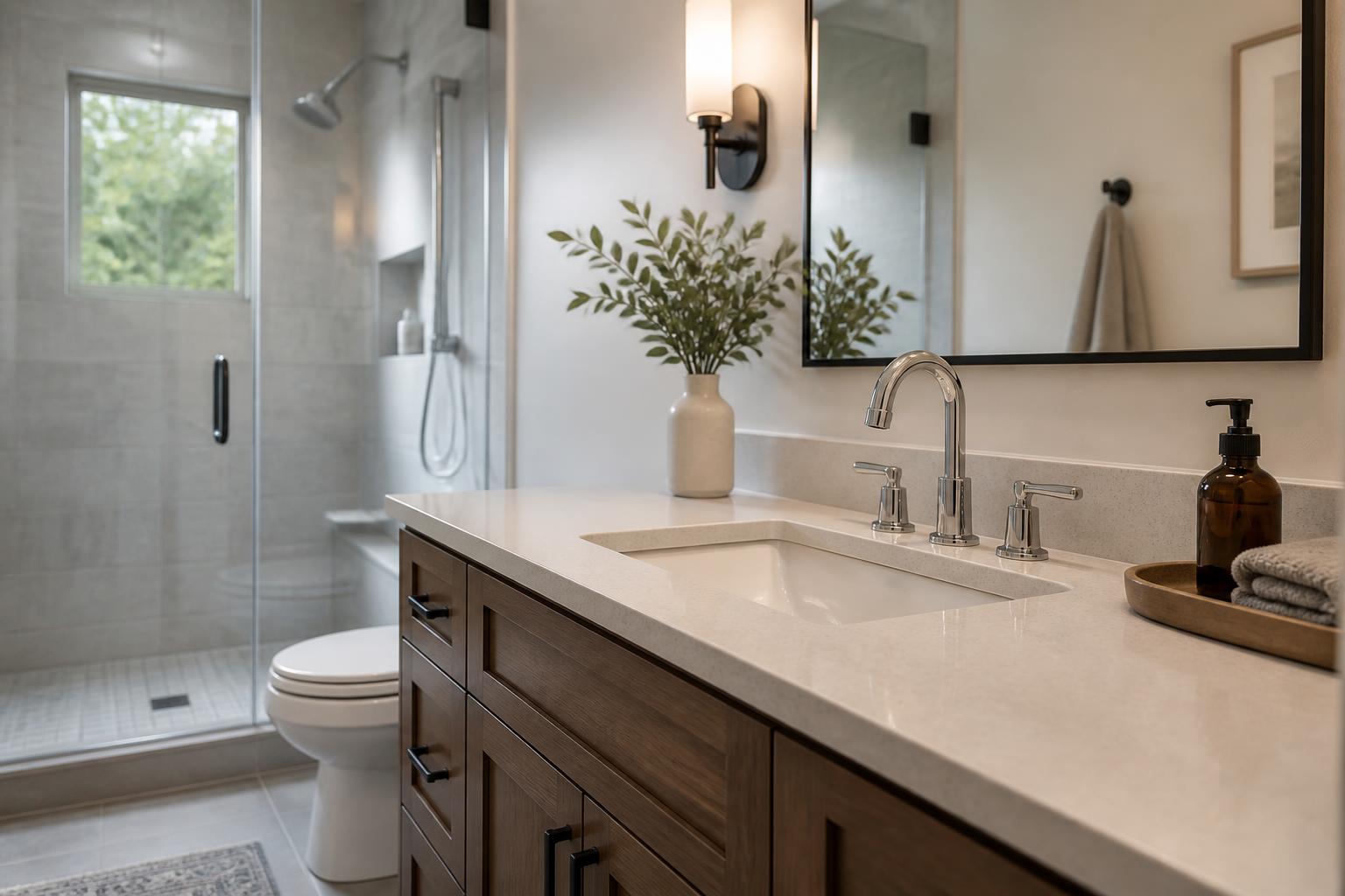 Modern bathroom with a polished sink and faucet installation.